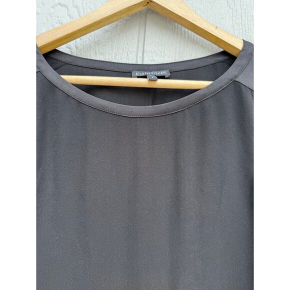 EILEEN FISHER minimalist black 100% silk satin Georgette long sleeve light dress - Picture 8 of 12